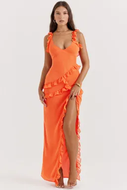 House of CB Pixie Flame Orange Ruffle Maxi Dress Orange Size XS/Au 6 for rent on The Volte - image 1