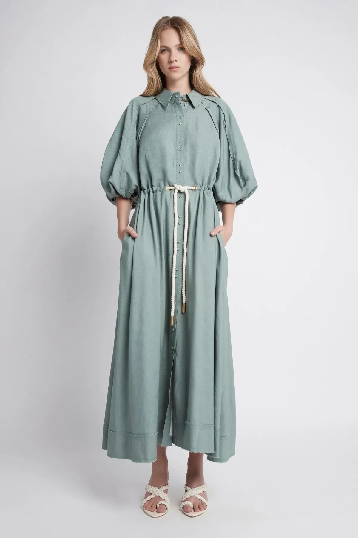 AJE Bonjour Belted Shirt Dress Palm Green Size 8 for rent on The Volte - main image