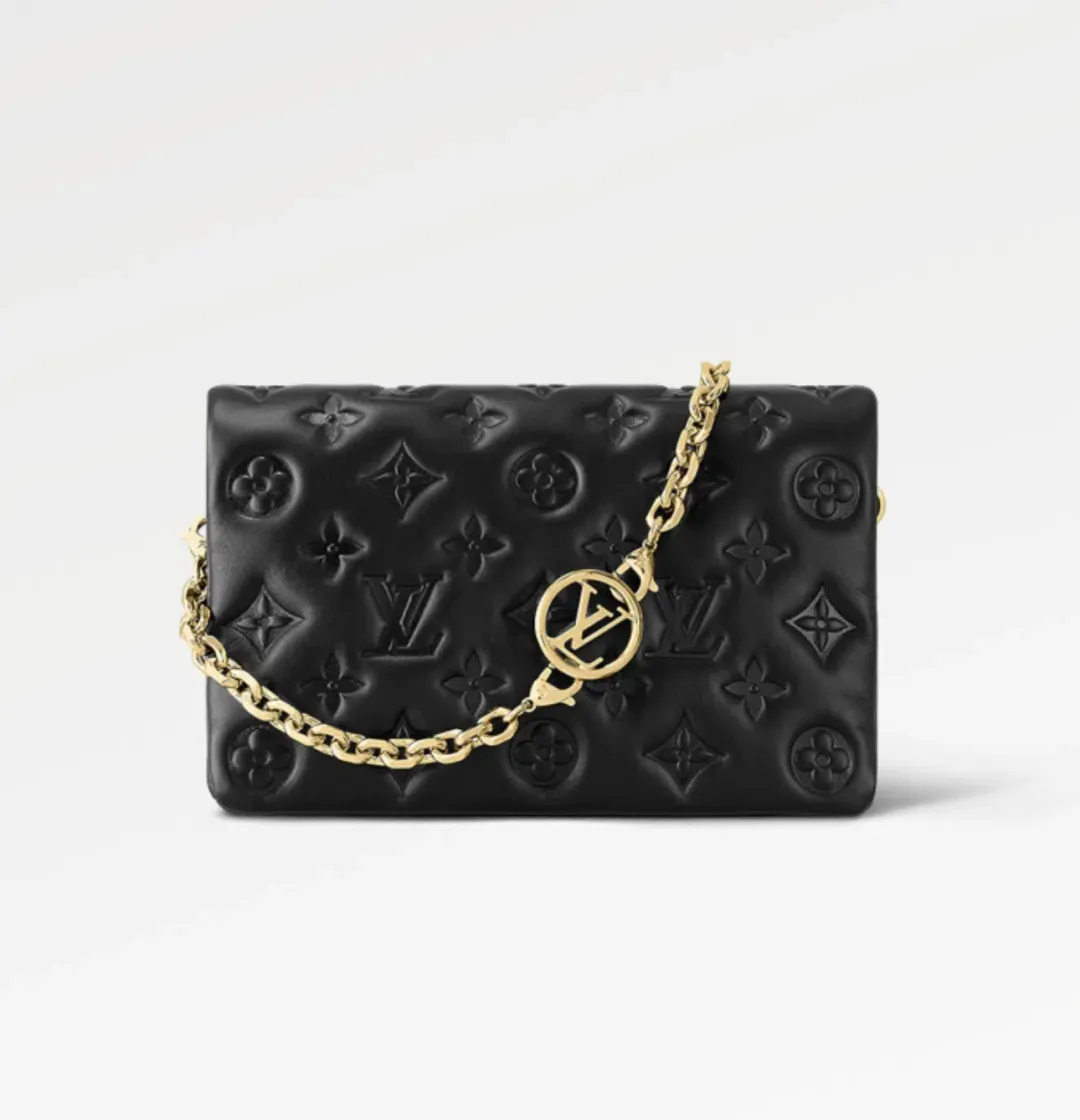 Louis Vuitton Monogram Embossed Puffy Lambskin Pochette Coussin Black with Gold Hardware  for rent on The Volte - main image