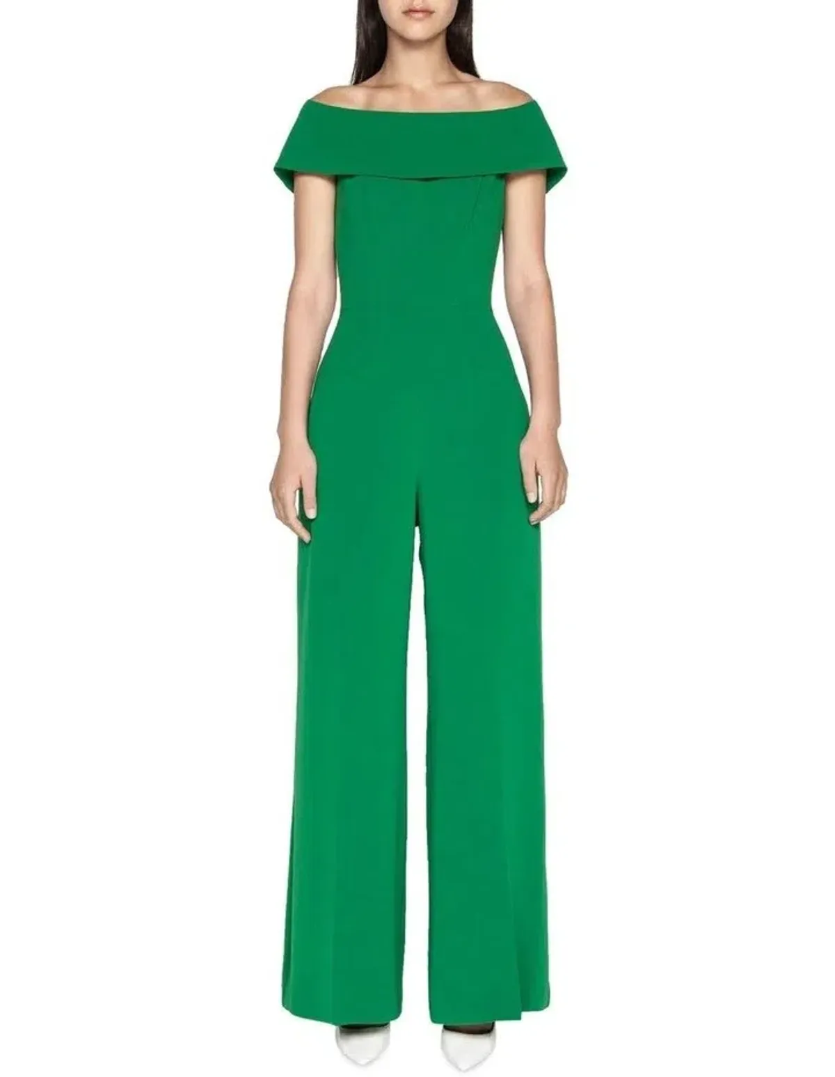 Cue Crepe Off Shoulder Jumpsuit Green Size 10 for rent on The Volte - main image
