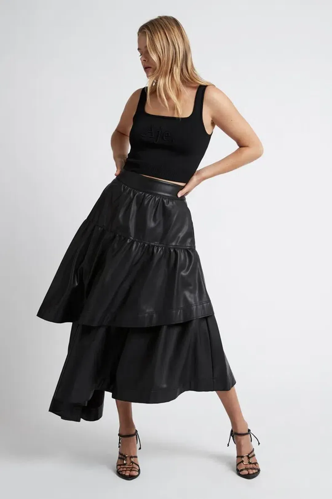 Aje Idyllic Faux Leather Black Skirt Size 12 for rent on The Volte - main image