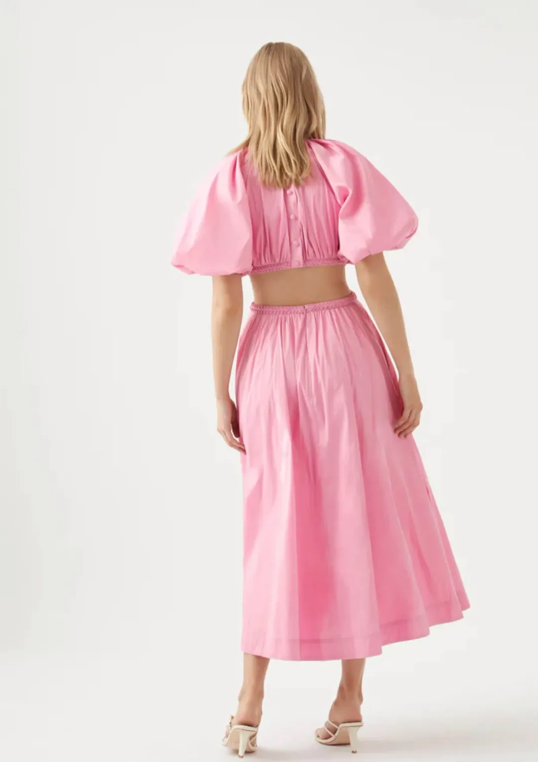 Aje Capucine Puff Sleeve Midi Dress Pink Size AU 10 for rent on The Volte - main image