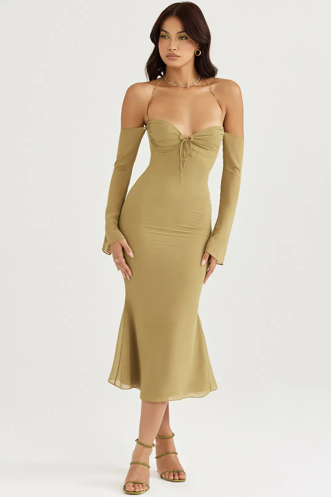 House of CB Naomi Halter Midi Dress Olive Size S / AU 8  for rent on The Volte - main image
