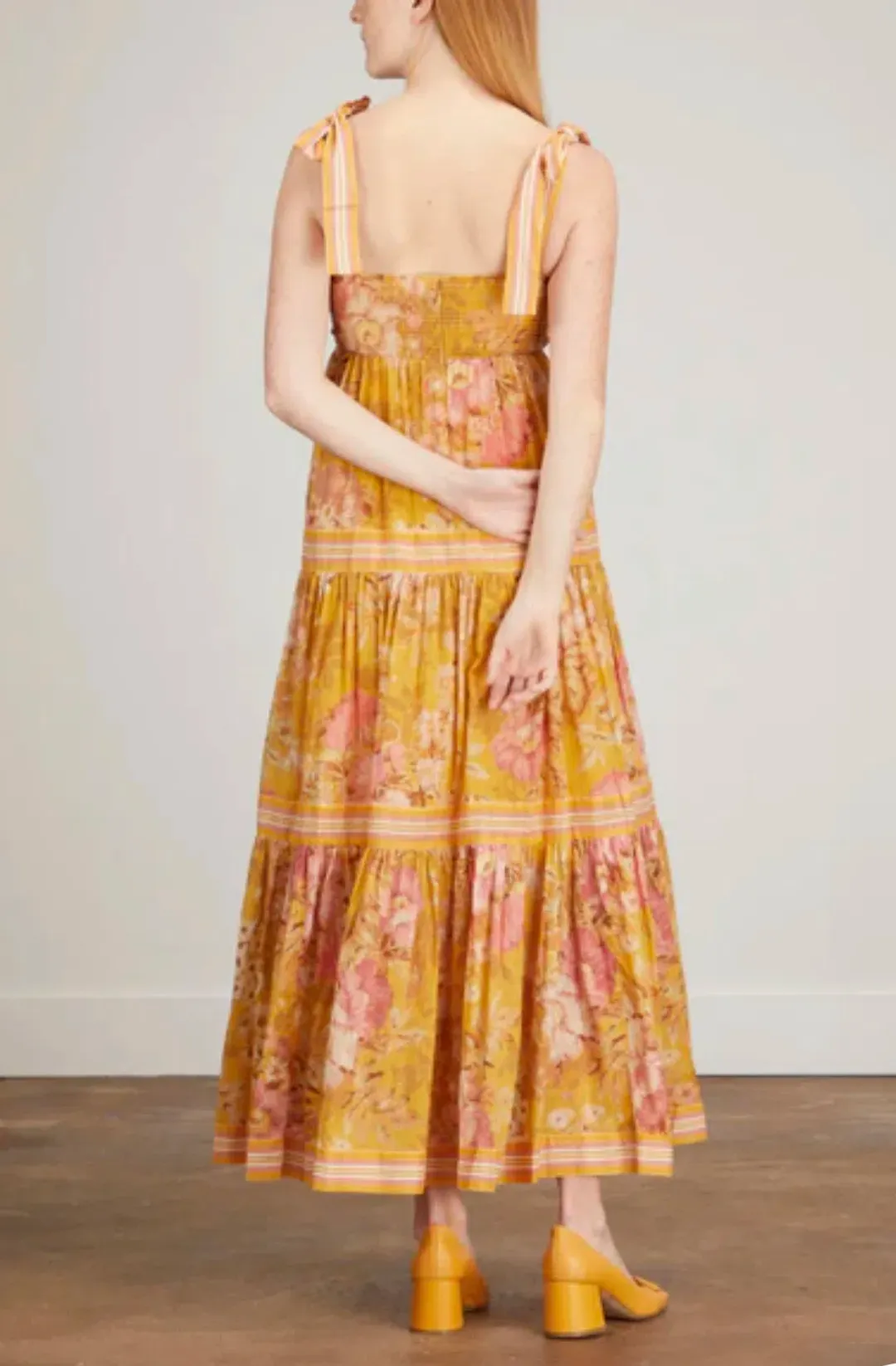 Zimmermann Pattie Tie Shoulder Dress Yellow / Mustard Floral Size 3 / AU 14 for rent on The Volte - main image