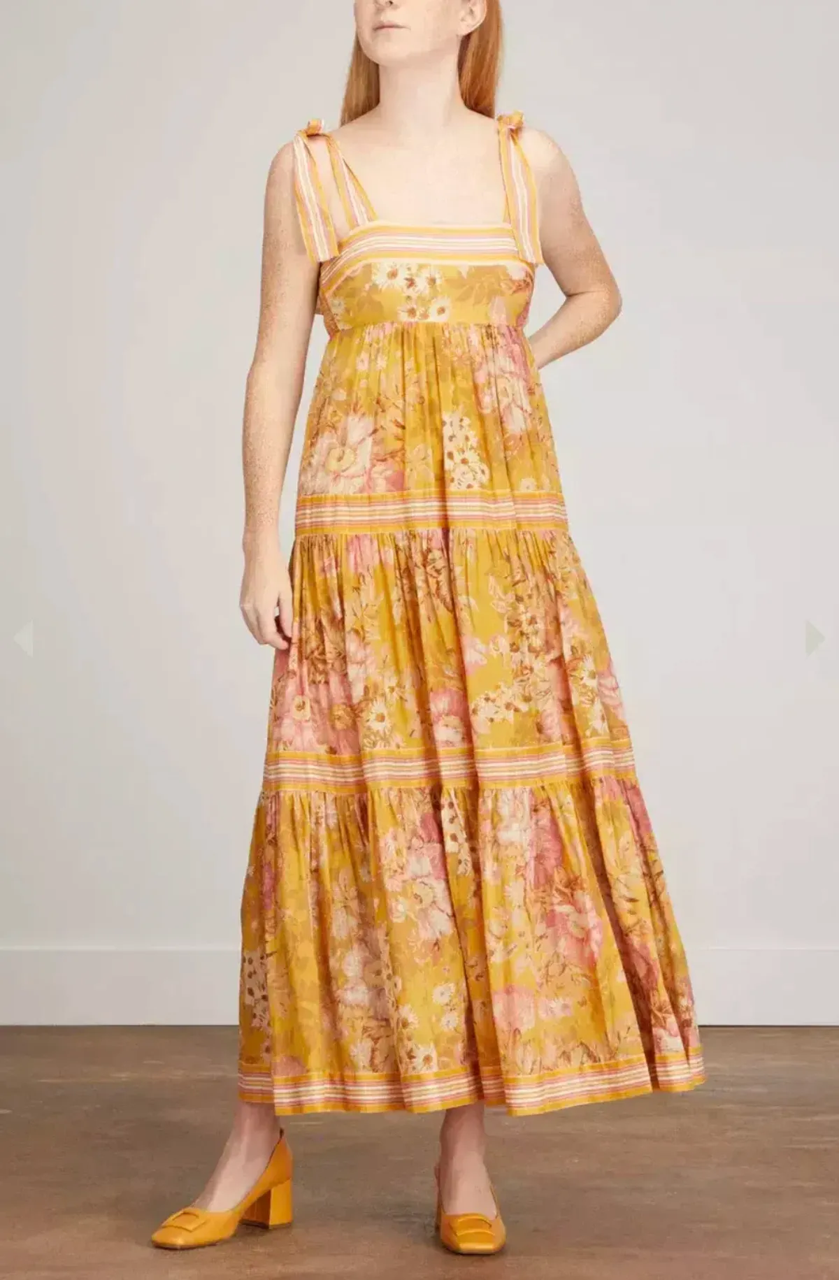 Zimmermann Pattie Tie Shoulder Dress Yellow / Mustard Floral Size 3 / AU 14 for rent on The Volte - main image