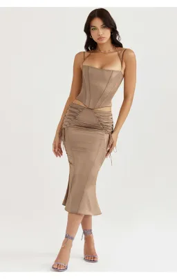 House of CB Chantelle Satin Corset & Sidonie Satin Lace Up Midi Skirt Set in Latte Size XL / AU 14 for rent on The Volte - image 3