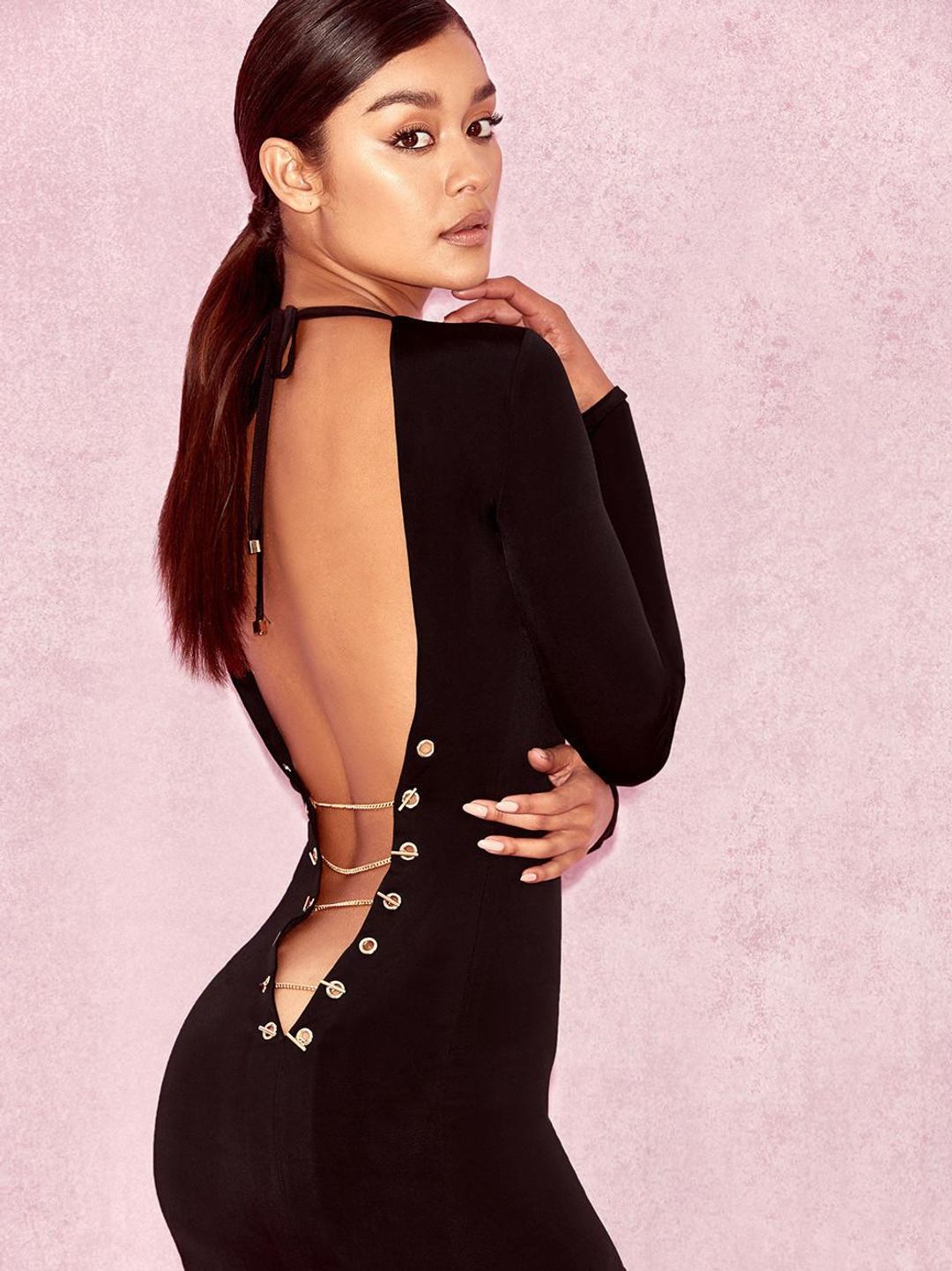 House of CB Kyra Jersey Mini Dress with Chain Back Detail Black Size 8 for rent on The Volte - main image