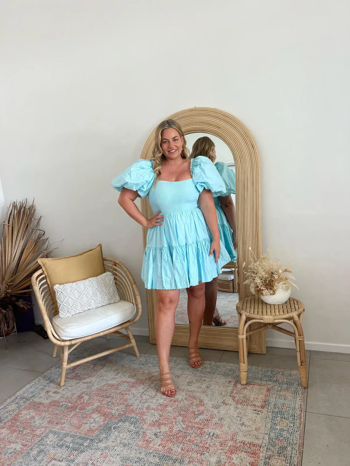 Aje Casa Puff Sleeve Knit Mini Dress Ice Blue Size 14 for rent on The Volte - main image