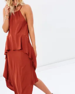 Shona Joy Voltaire Ruched Ruffle Midi Dress Rust Size 6 for rent on The Volte - image 4