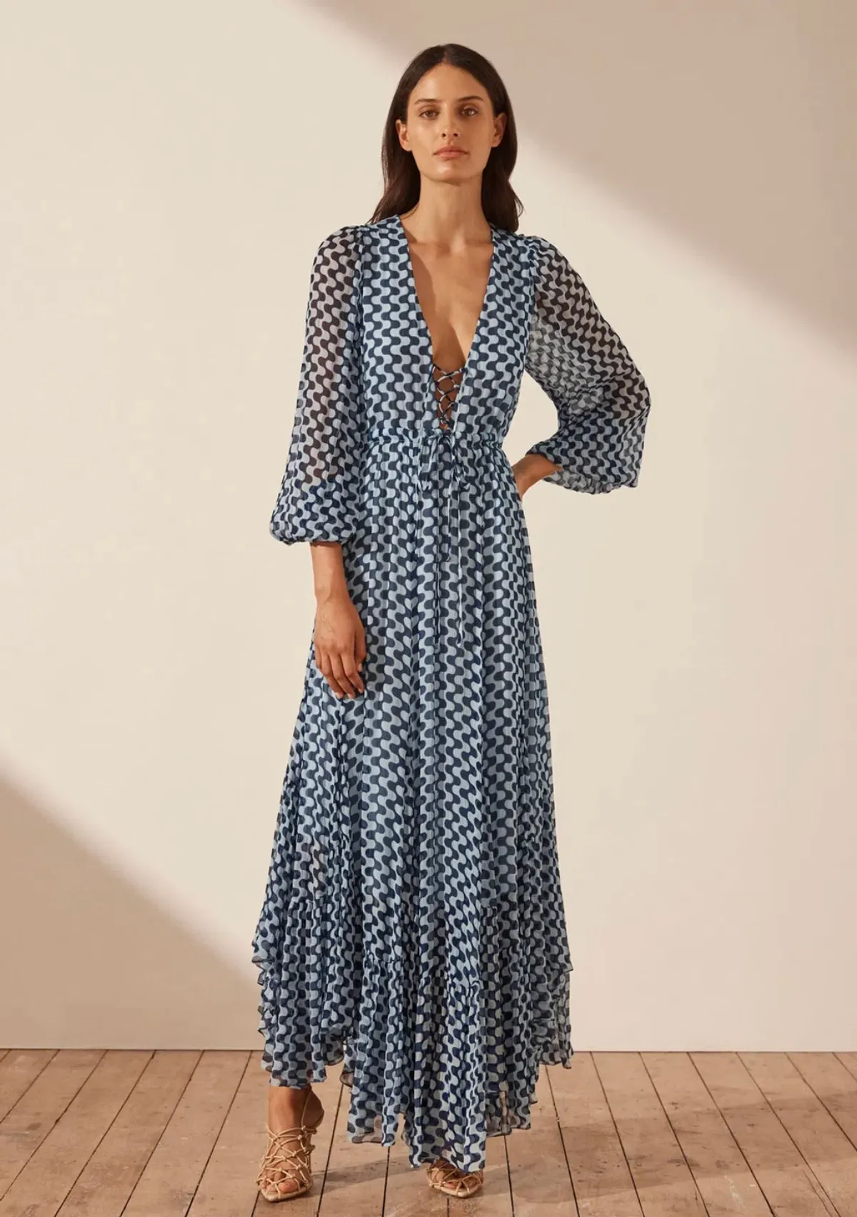 Shona Joy Elina Lace Front Drawstring Maxi Dress Print Size 8 for rent on The Volte - main image