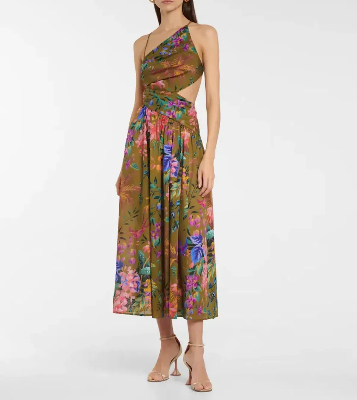 Zimmermann Tropicana Asymmetric Midi Dress Khaki Floral Size 2 / AU 12 for rent on The Volte - main image