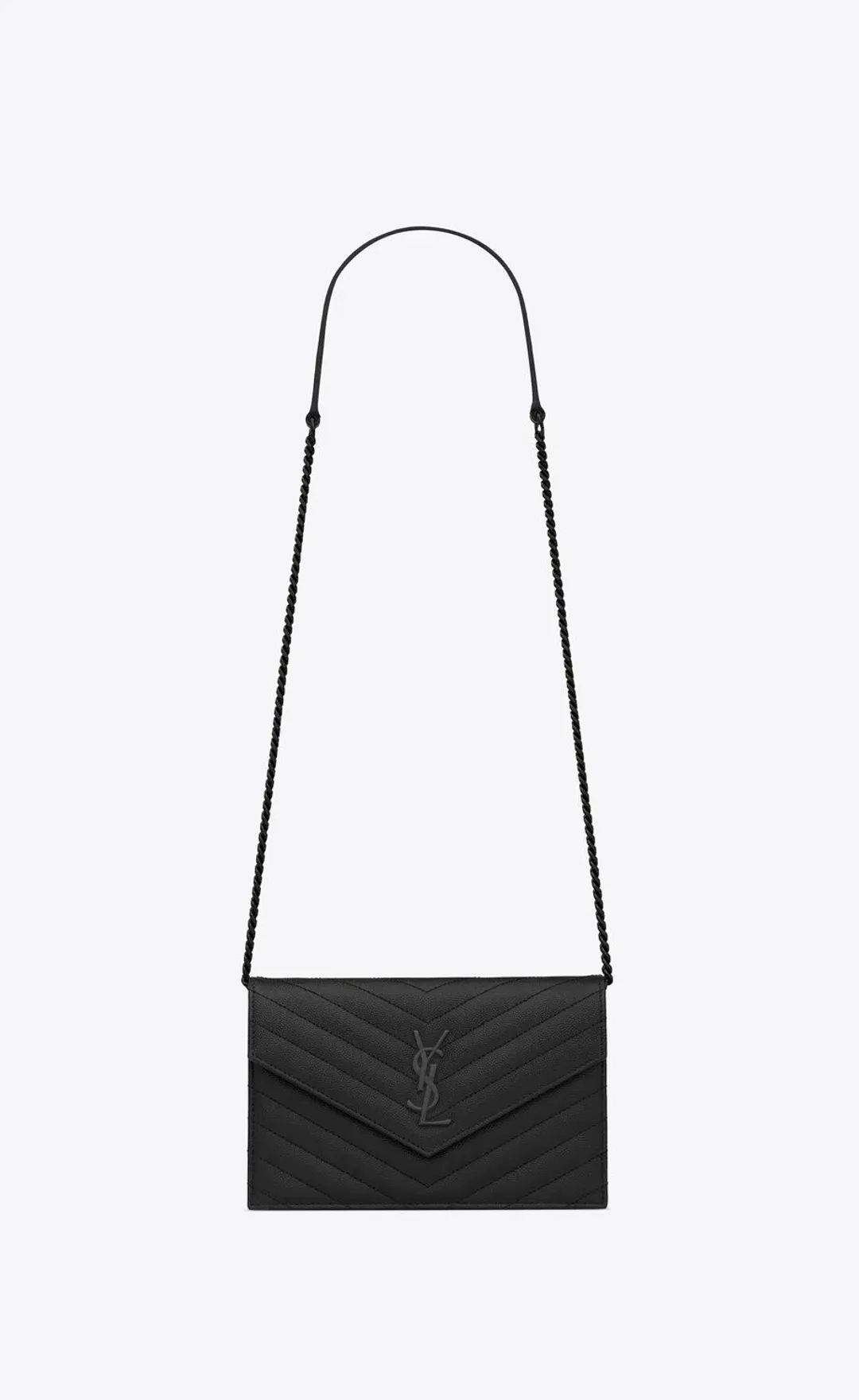 YSL Cassandre Matelassé Chain Wallet In Grain De Poudre Embossed Leather Small Black for rent on The Volte - main image