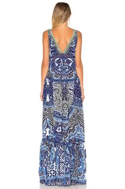 Camilla Under The Medina Moon V-neck Gathered Tiered Maxi Dress Blue Size 12 for rent on The Volte - image 3