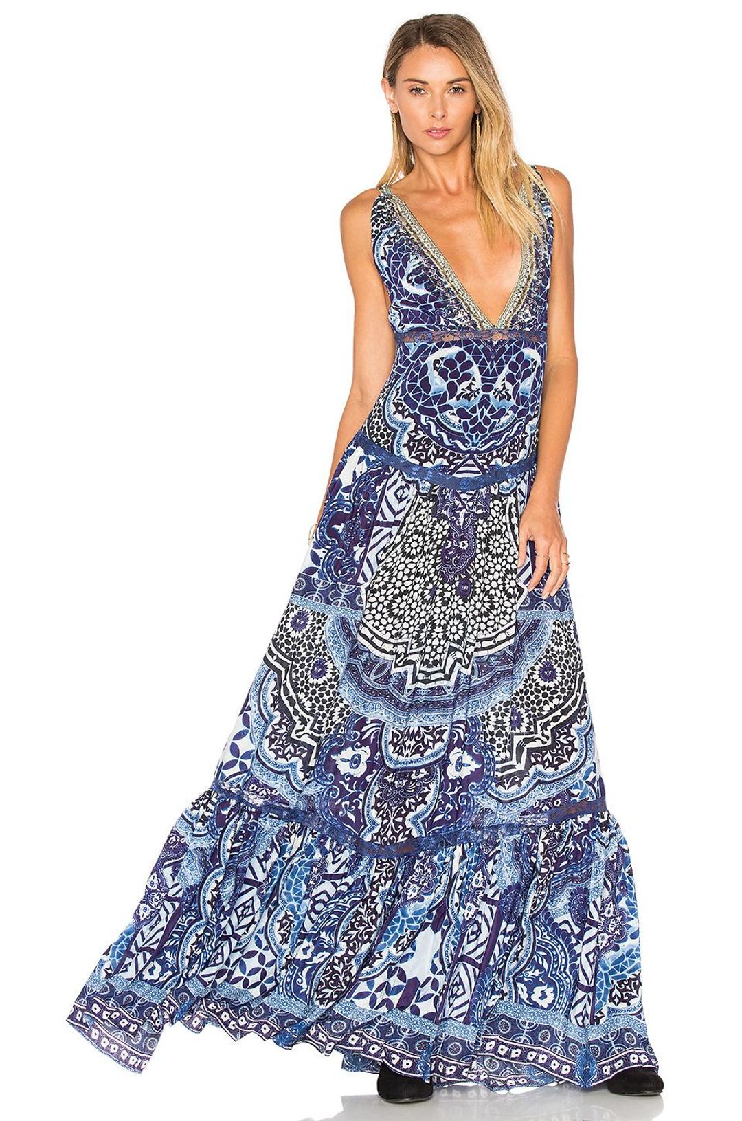 Camilla Under The Medina Moon V-neck Gathered Tiered Maxi Dress Blue Size 12 for rent on The Volte - main image