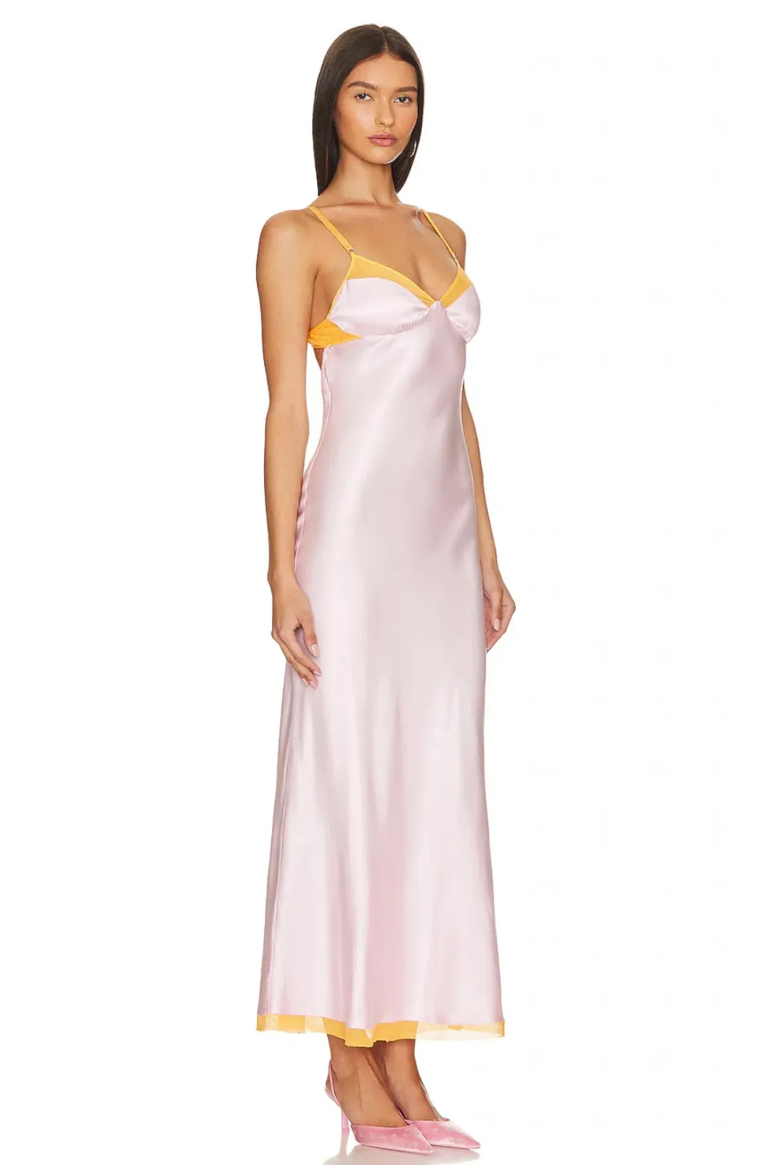 Bec & Bridge Joelle Mesh Detail Open Back Maxi Dress Orange/Pink Size 6 for rent on The Volte - main image