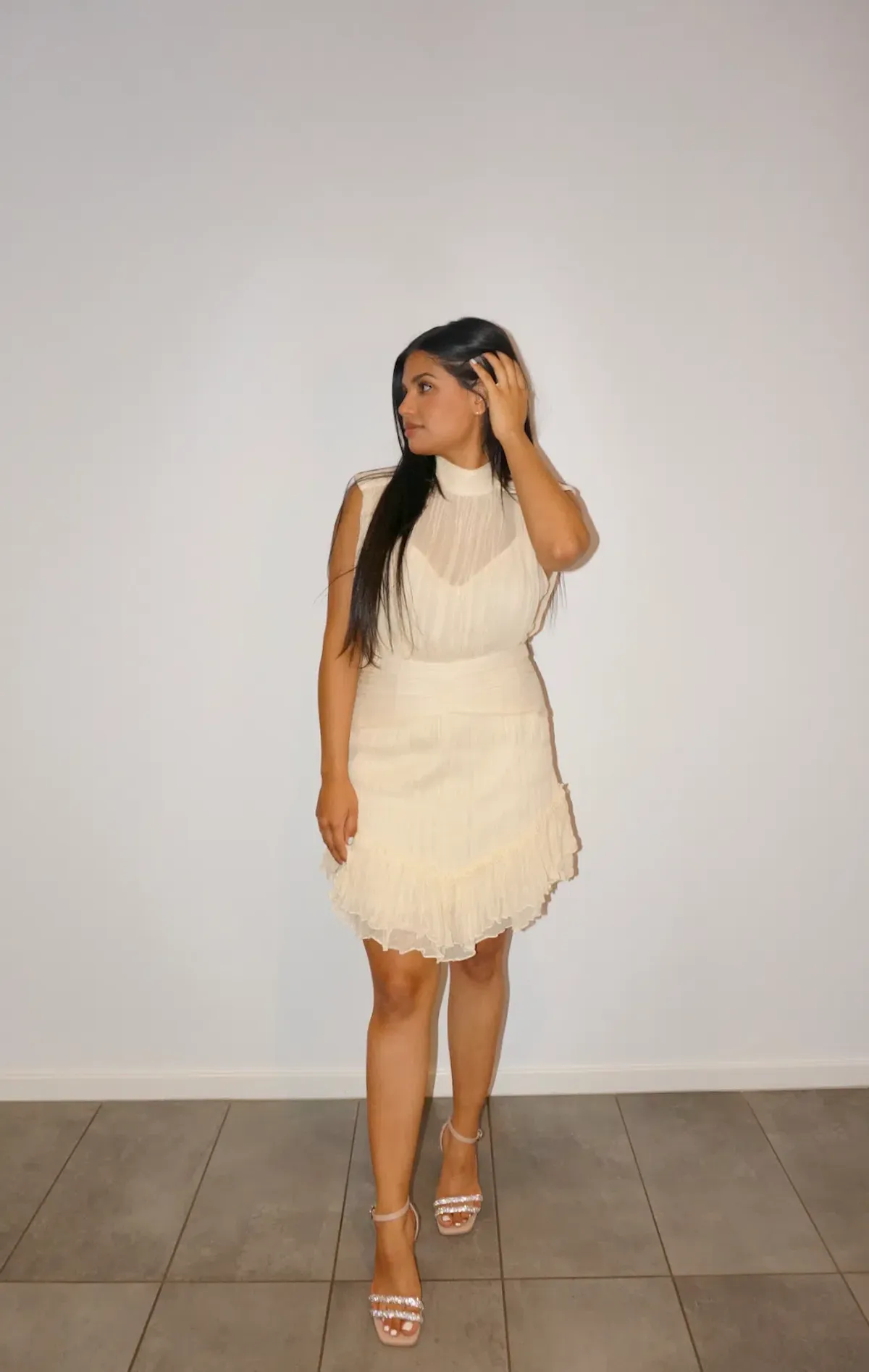 Shona Joy Victoria Sleeveless Ruched Mini Dress Cream Size 8 for rent on The Volte - main image