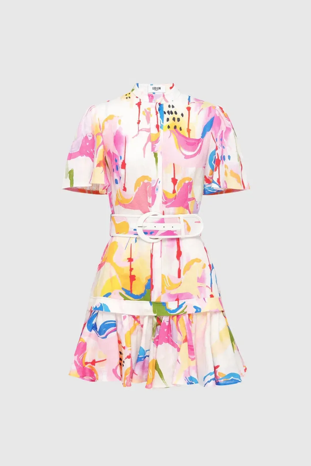 Leo Lin Carousel Linen Shirt Dress Rainbow Multi Print Size AU 14 for rent on The Volte - main image