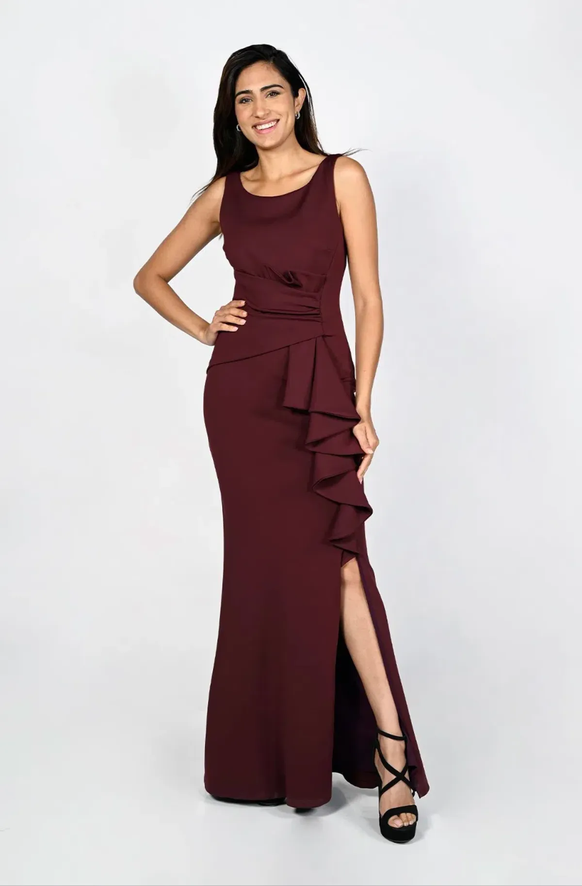 Frank Lyman Montreal Draped Waist Long Dress Bordeaux Size AU 12 for rent on The Volte - main image