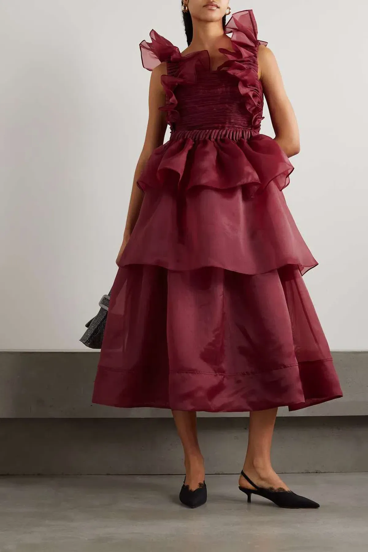 Aje Asra Pleated Frill Midi Dress Mahogany Red Size AU 8 for rent on The Volte - main image