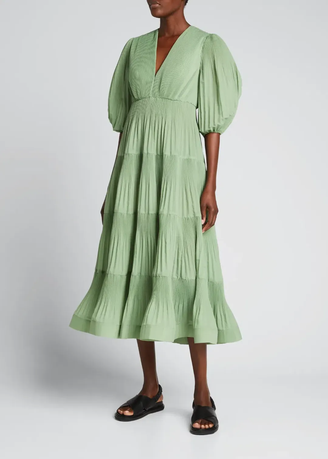 Zimmermann Pleated Balloon Sleeve Tiered Dress In Fern Size 2/Au 12 for rent on The Volte - main image