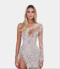 Albina Dyla Short Silver One Sleeved Dress Sequin Size 8 for rent on The Volte - image 2