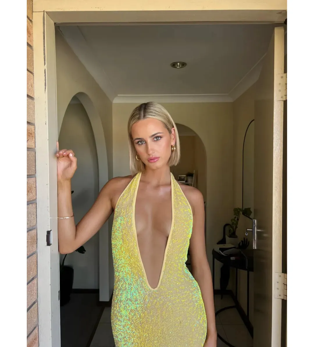 Natalie Rolt Delilah Gown Yellow Sequin Size 1/AU 8 for rent on The Volte - main image