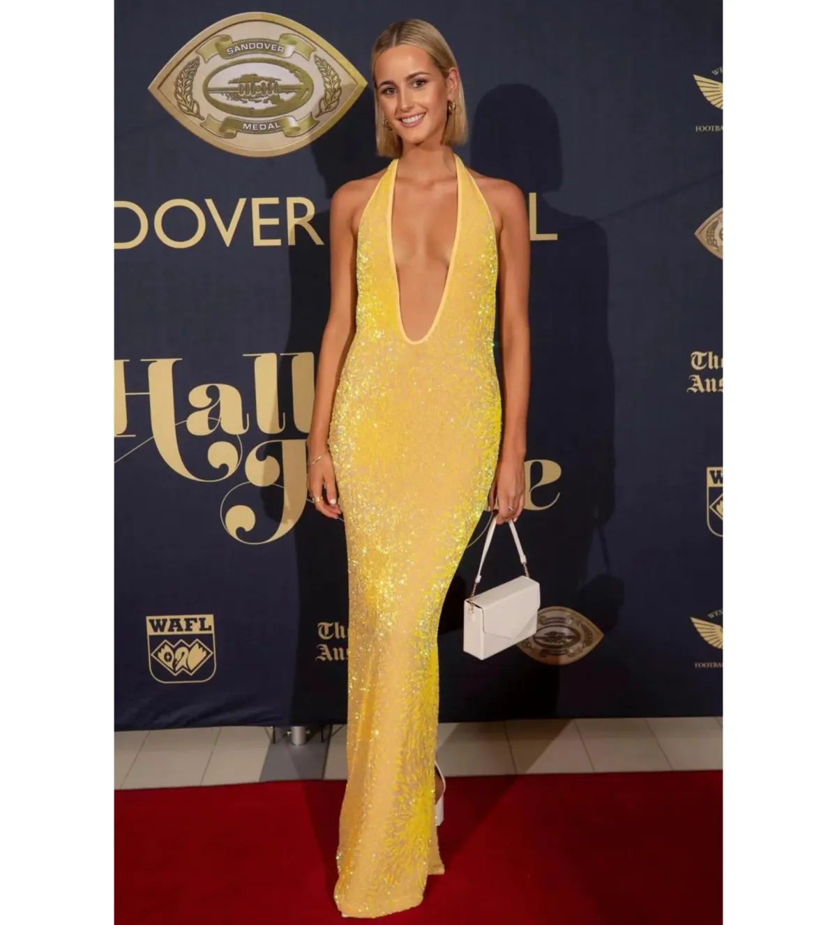 Natalie Rolt Delilah Gown Yellow Sequin Size 1/AU 8 for rent on The Volte - main image