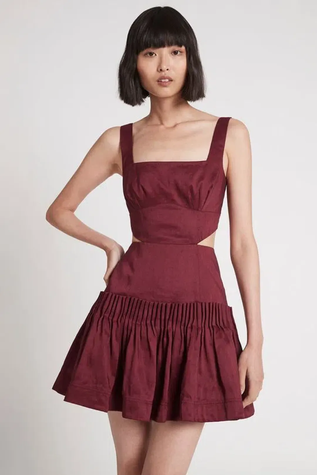Aje Audette Pleated Mini Dress Burgundy Size 10 for rent on The Volte - main image