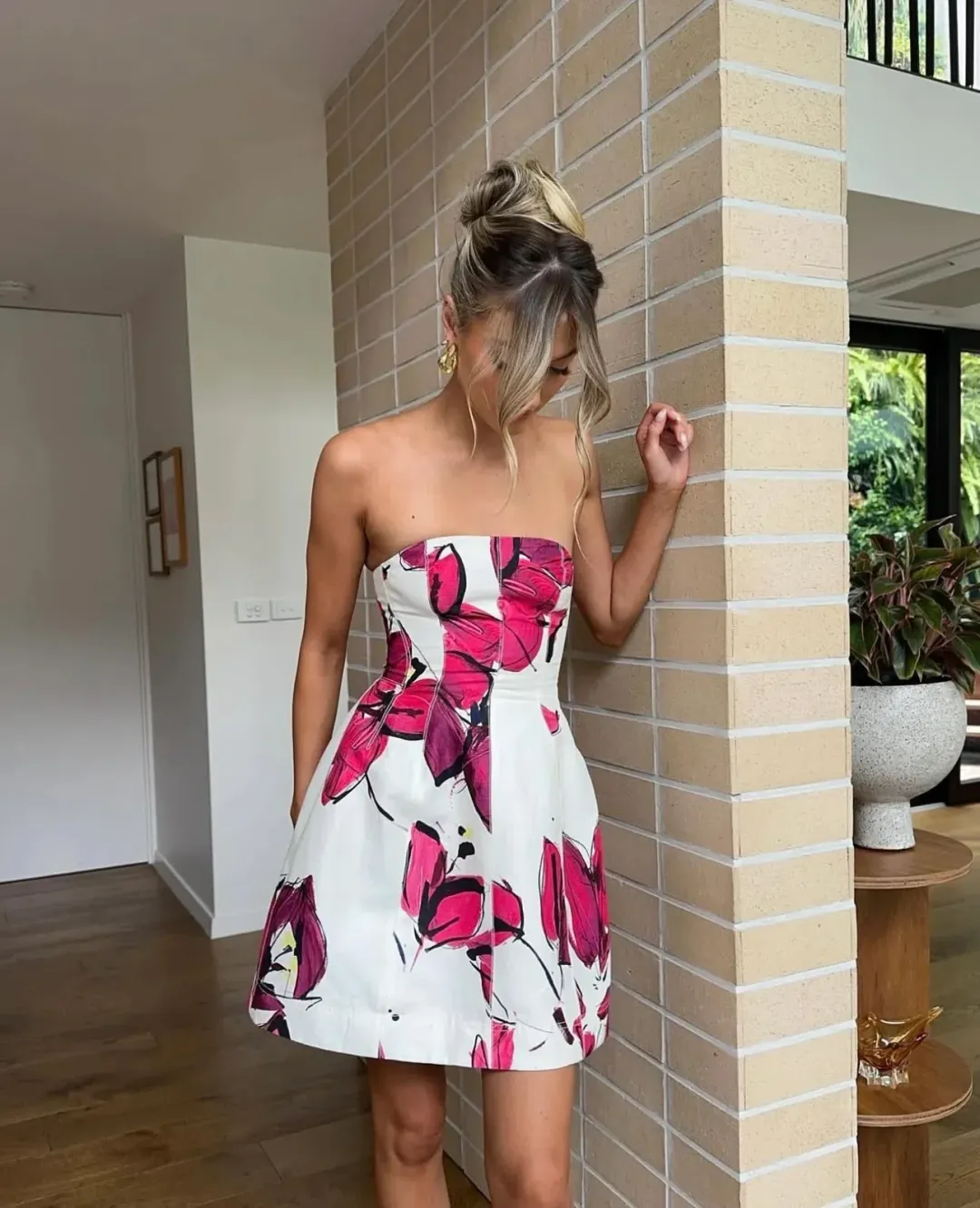 Aje Baret Strapless Mini Dress Falling Florals Size 8 for rent on The Volte - main image