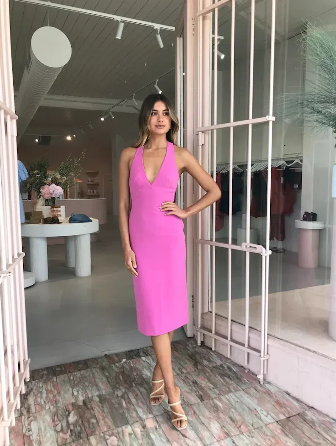 By Johnny String T-back Plunge Midi Dress Pink Size Au 10 for rent on The Volte - main image