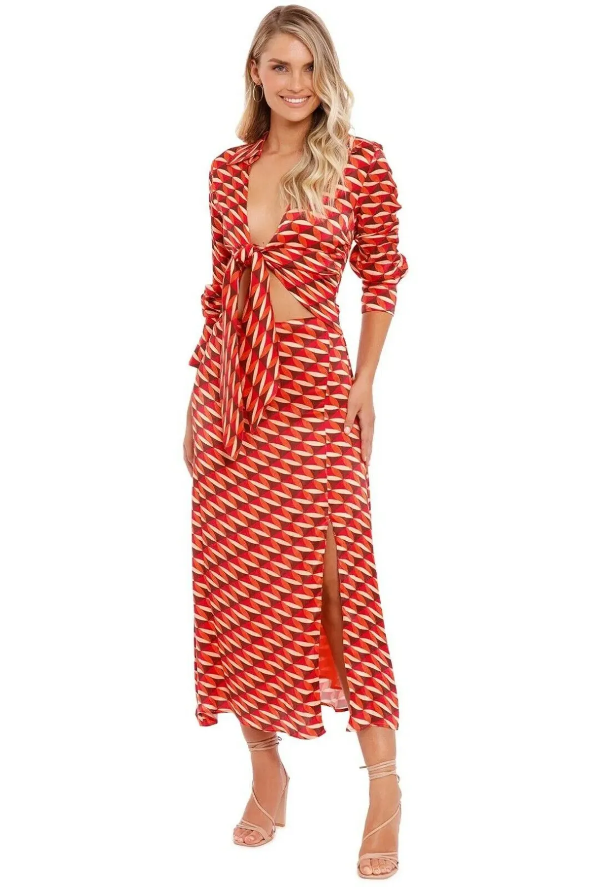 Nicholas Perle Tie Front Midi Dress Geo Print Multi Print Size 14 for rent on The Volte - main image