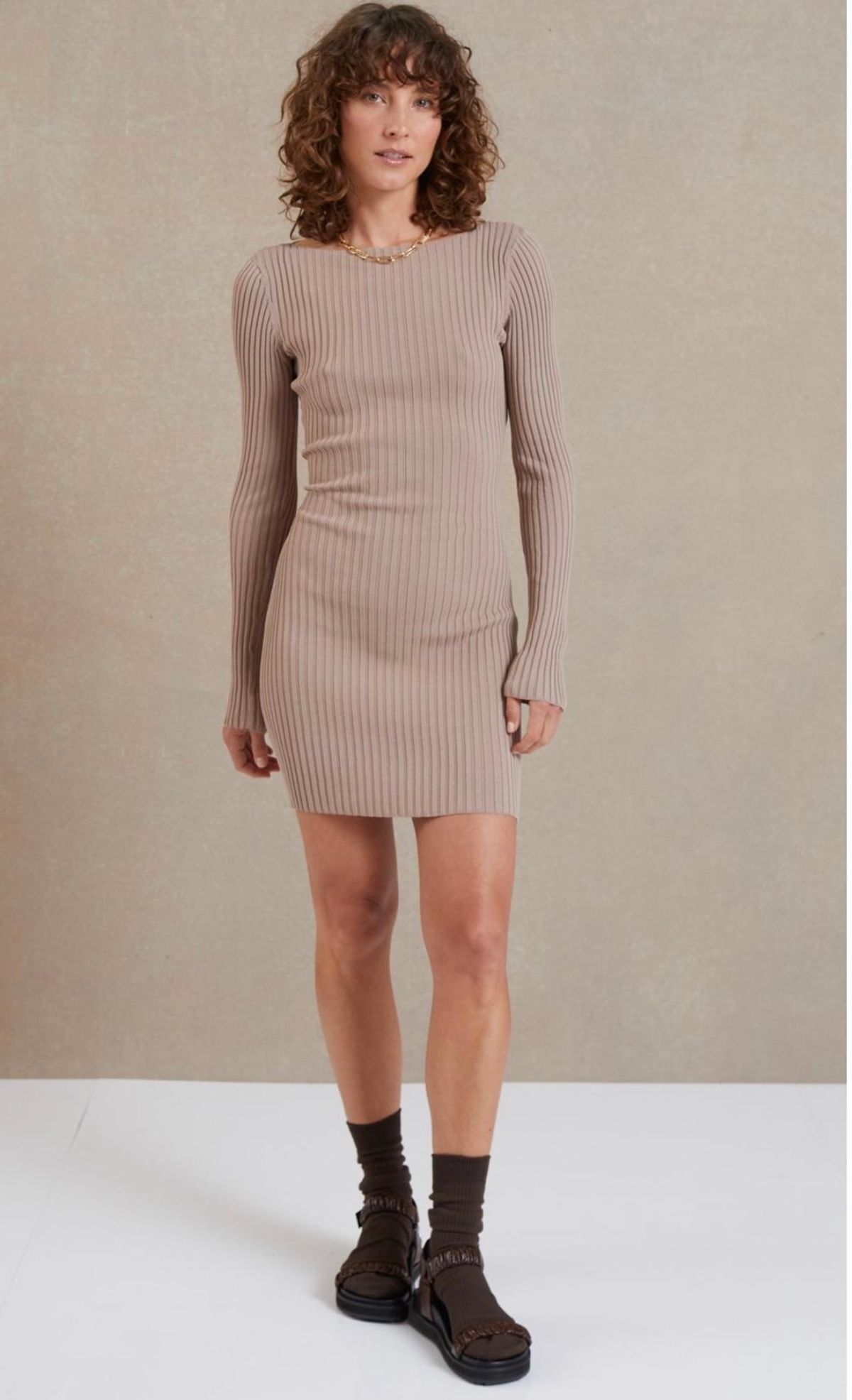Bec & Bridge Lyla Knit Long Sleeve Mini Dress Fawn Size 8 for rent on The Volte - main image