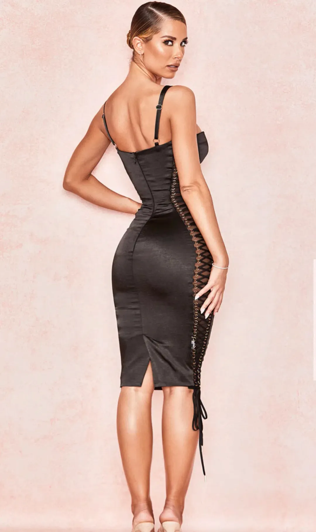 House of CB Angelina Satin Lace Up Corset Dress Black Size 8 for rent on The Volte - main image