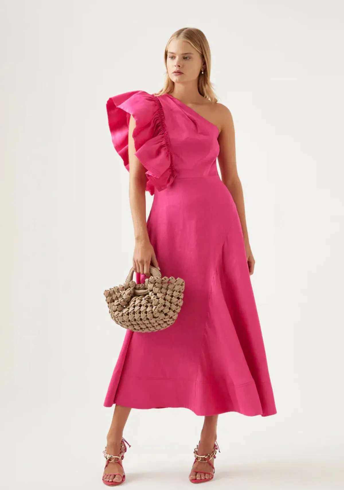 Aje Bonjour Asymmetric Midi Dress Pink Size AU 8 for rent on The Volte - main image