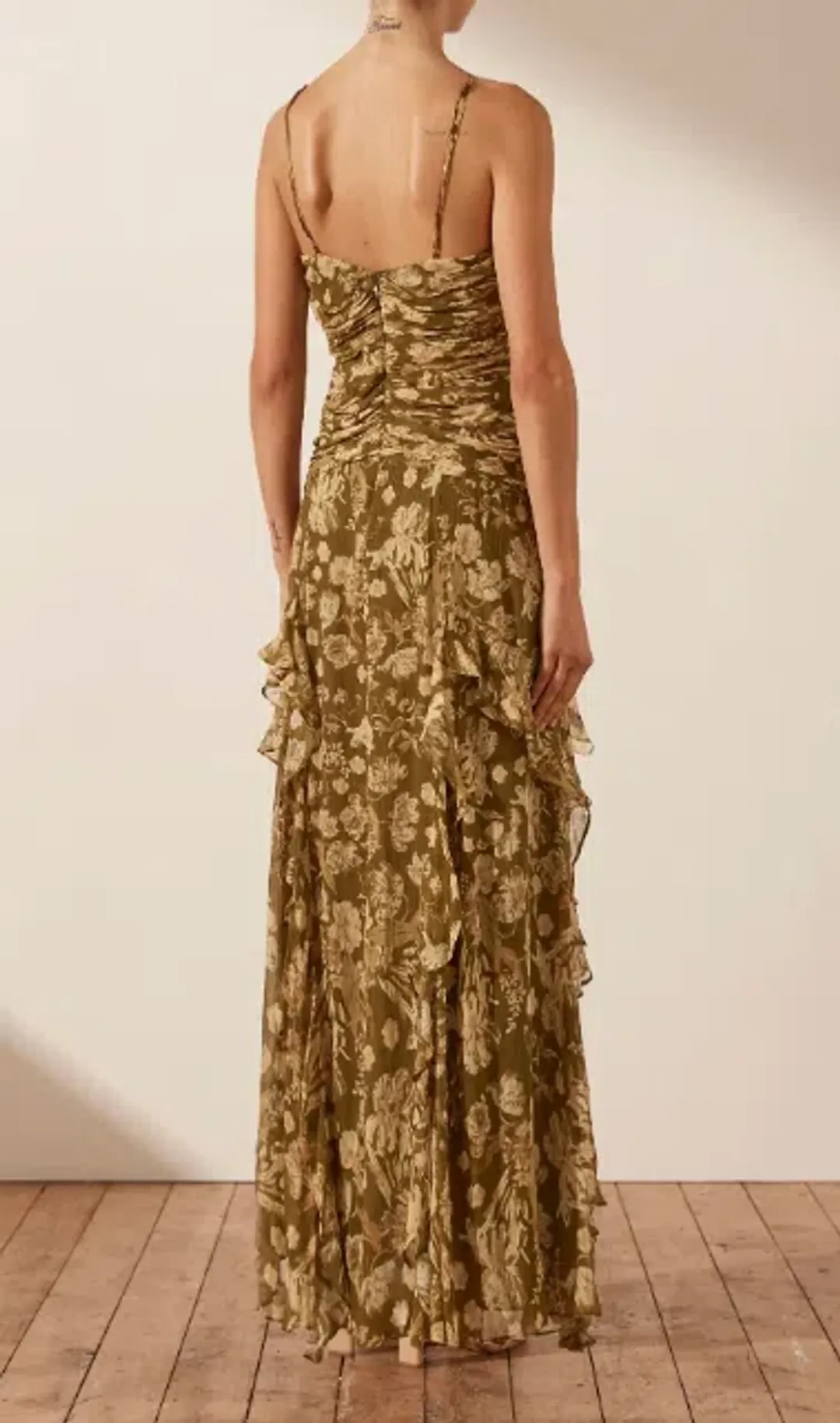 Shona Joy Rosaline Keyhole Frill Maxi Dress in Cumin Multi Size 6 for rent on The Volte - main image