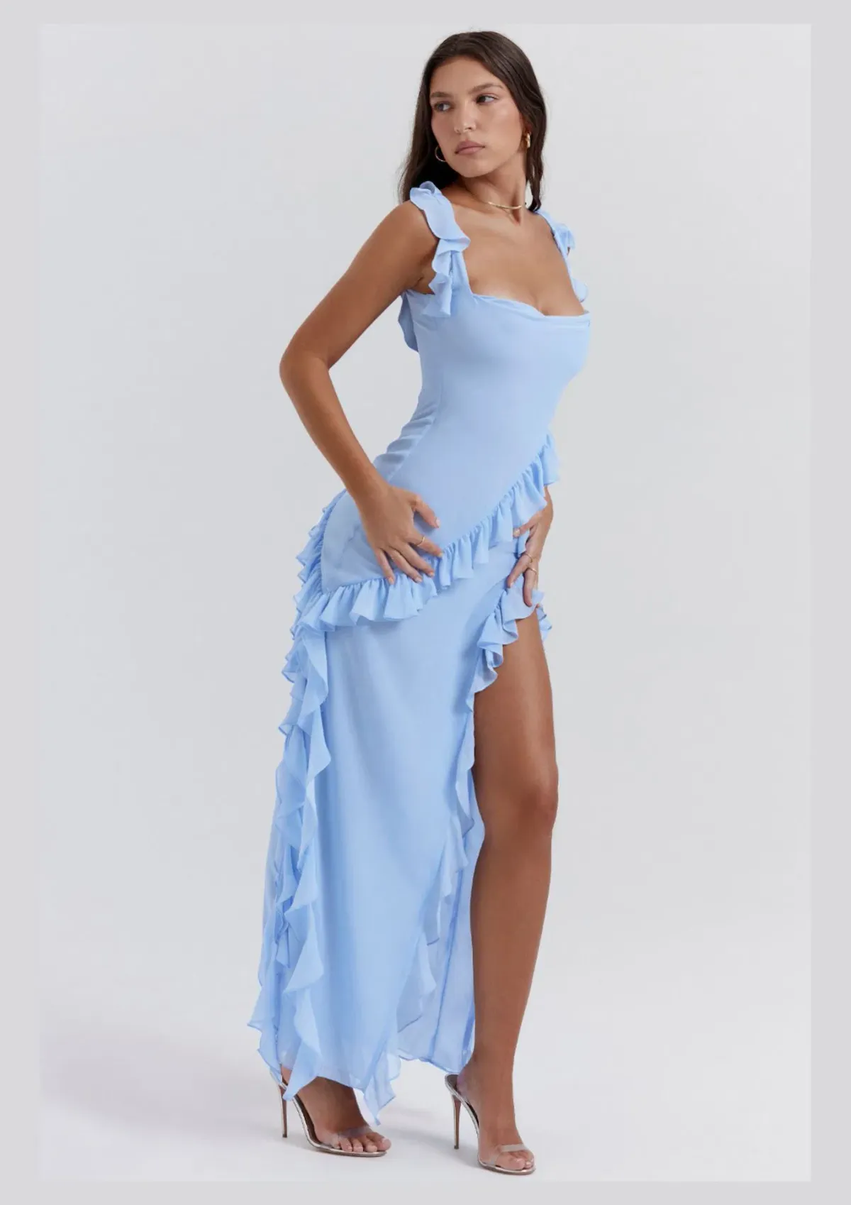 House Of CB Ariela Ruffle Maxi Dress Blue Size S / AU 8 for rent on The Volte - main image
