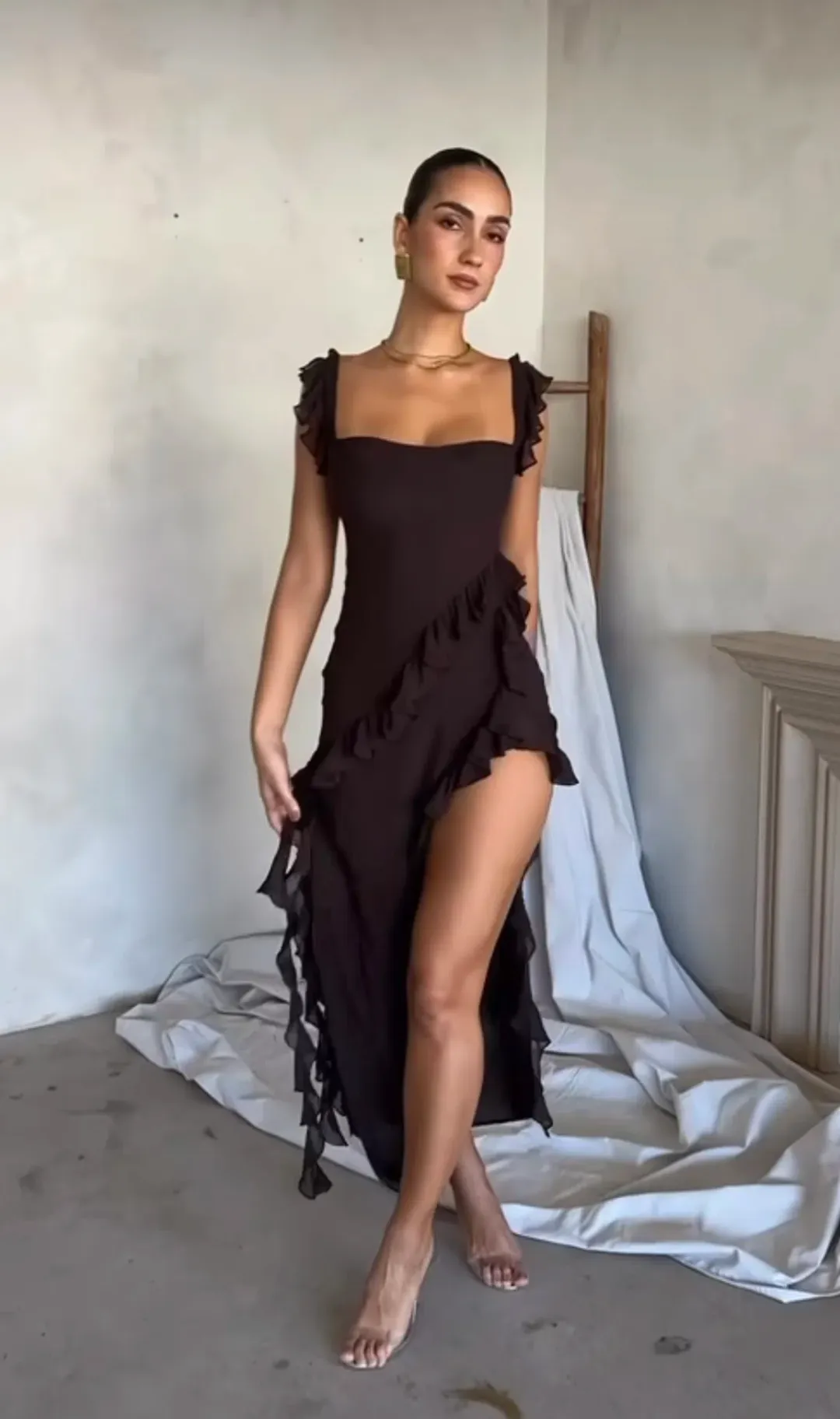 House Of CB Ariela Ruffle Maxi Dress Brown Size S / AU 8 for rent on The Volte - main image