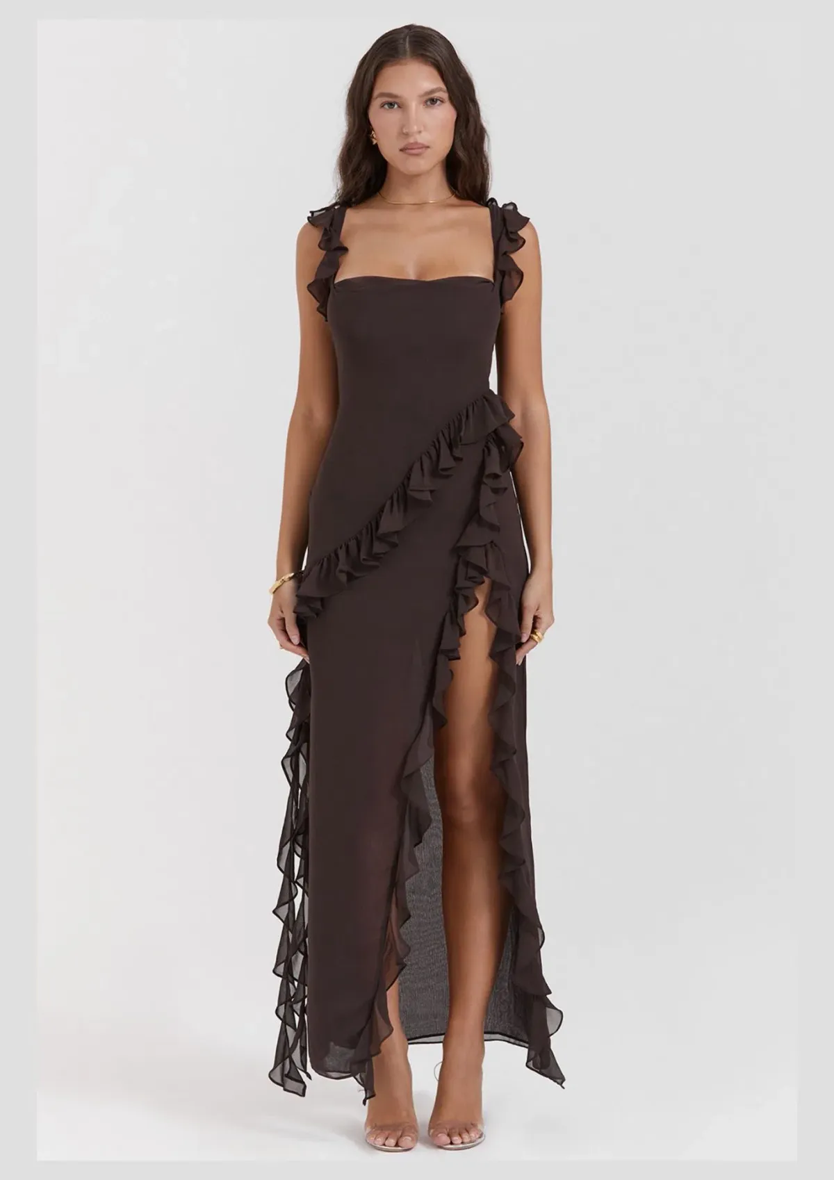 House Of CB Ariela Ruffle Maxi Dress Brown Size XS / AU 6 for rent on The Volte - main image