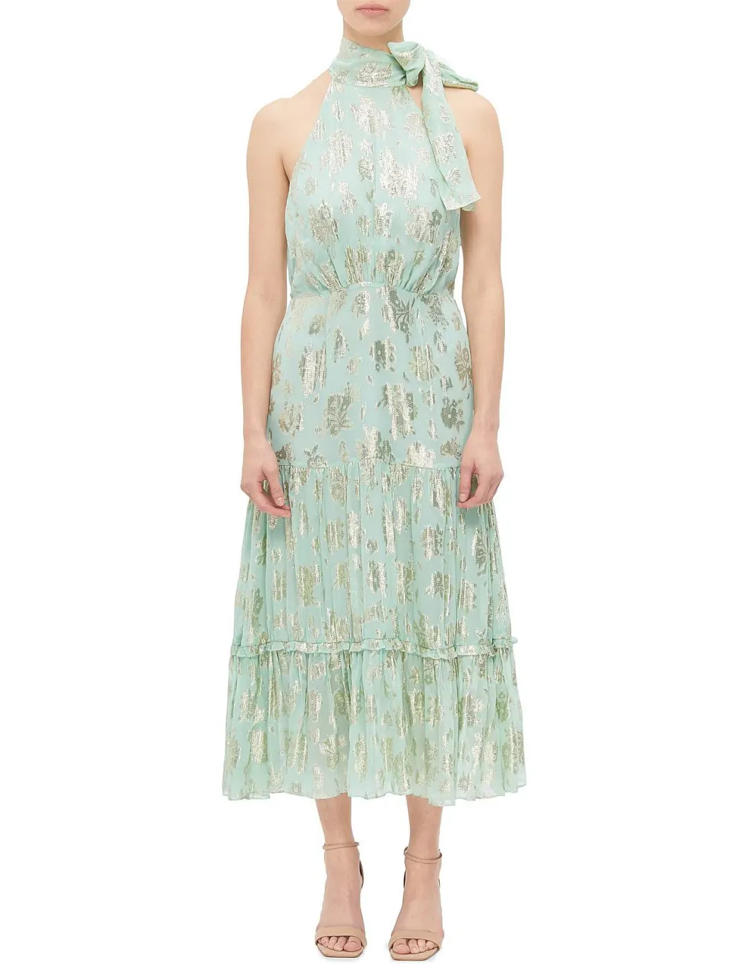 Rixo Valerie Silk Midi Dress Metallic Mint Size  for rent on The Volte - main image
