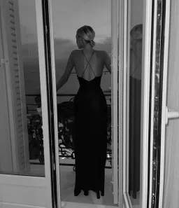 Helsa Sheer Deep V Long Slip Dress in Black Size 6  for rent on The Volte - image 2