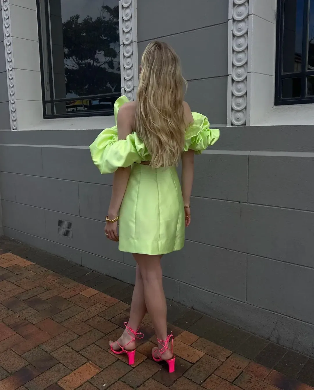 Alemais Suzi Off Shoulder Mini Dress in Chartreuse Size 8 for rent on The Volte - main image