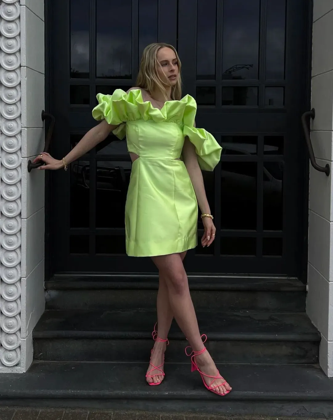 Alemais Suzi Off Shoulder Mini Dress in Chartreuse Size 8 for rent on The Volte - main image