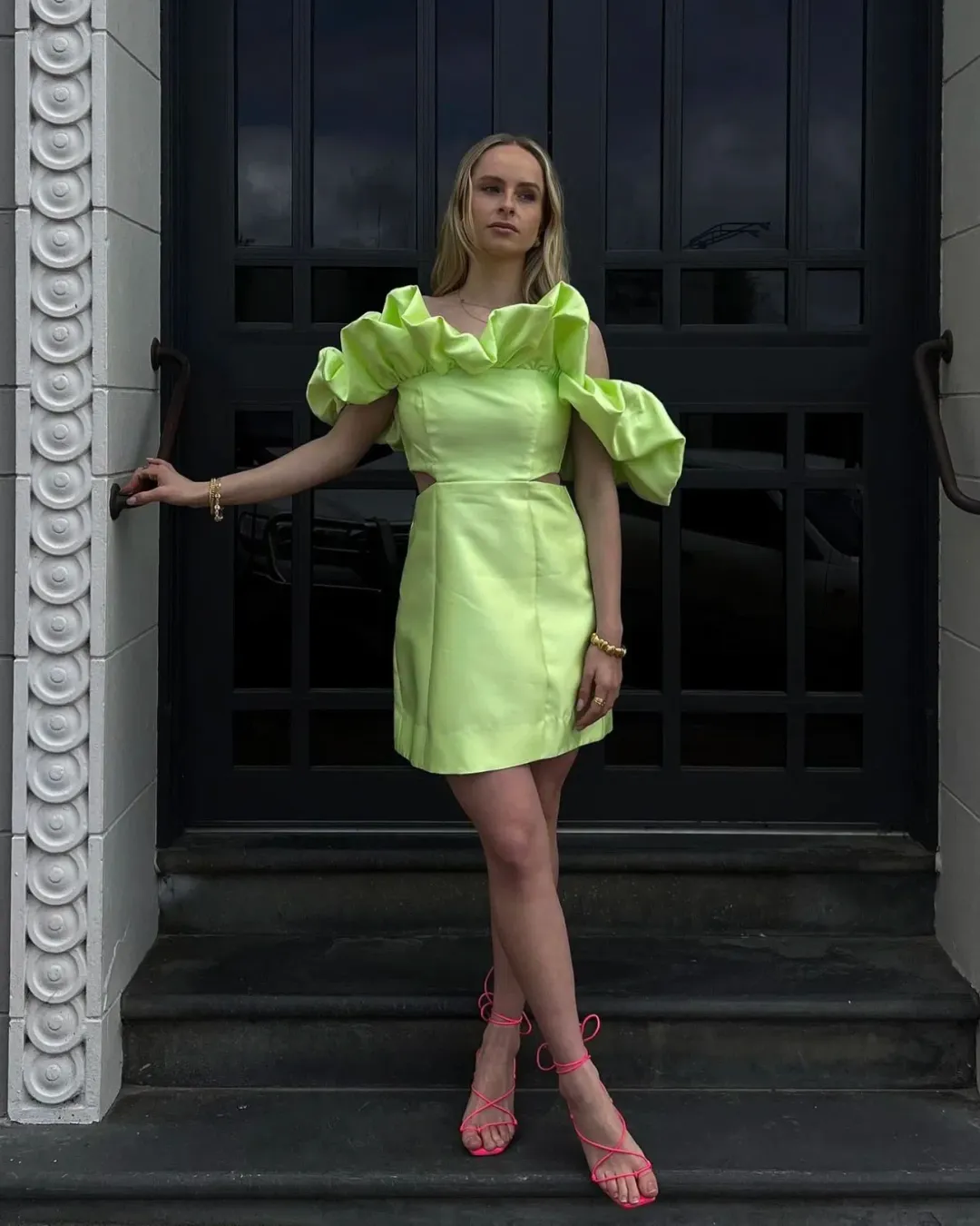 Alemais Suzi Off Shoulder Mini Dress in Chartreuse Size 8 for rent on The Volte - main image