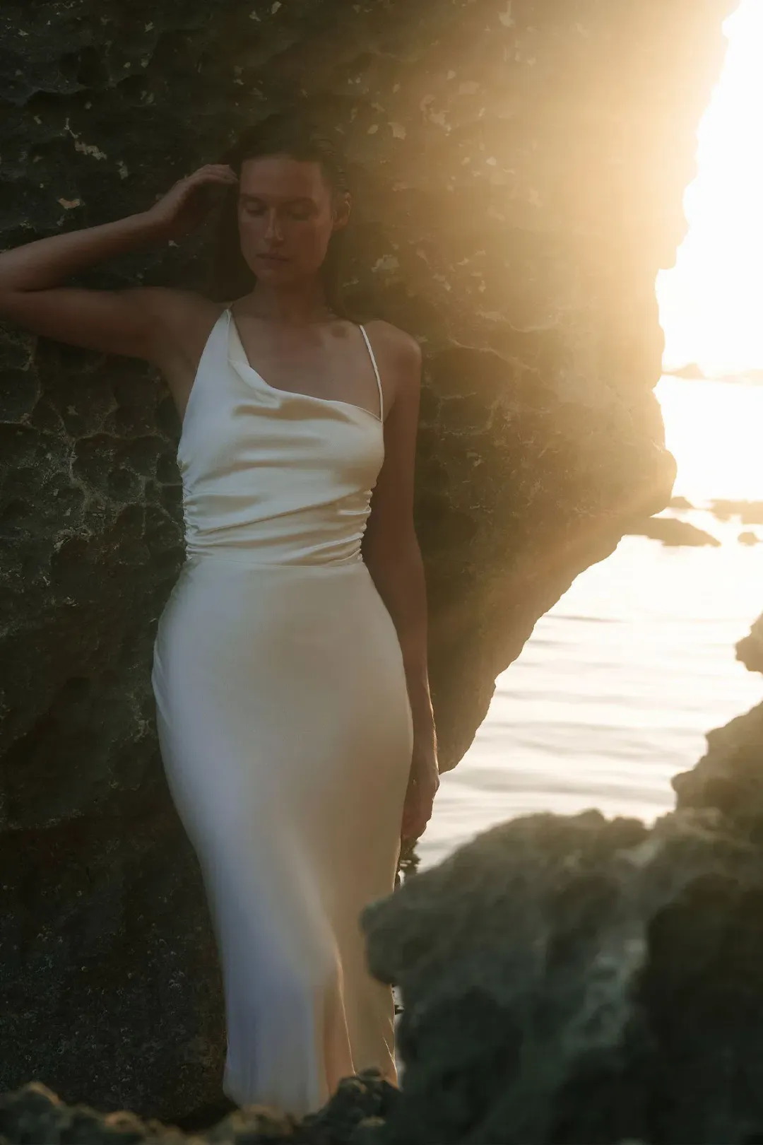 Shona Joy La Lune Asymmetrical Bias Cowl Midi Dress in Cream Size 10 for rent on The Volte - main image