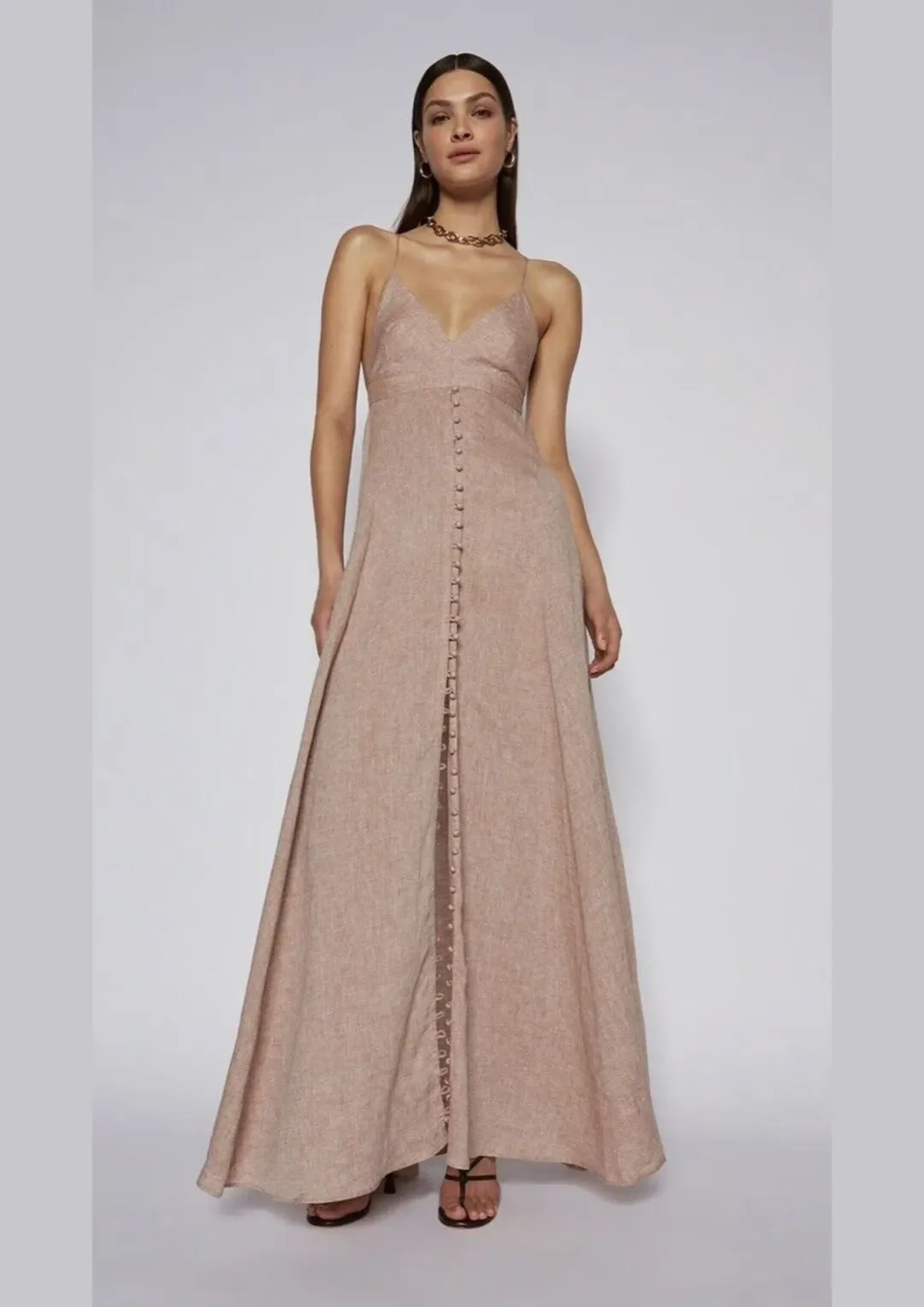 Scanlan Theodore Italian Linen Shoestring Dress Cappuccino Size 6 for rent on The Volte - main image