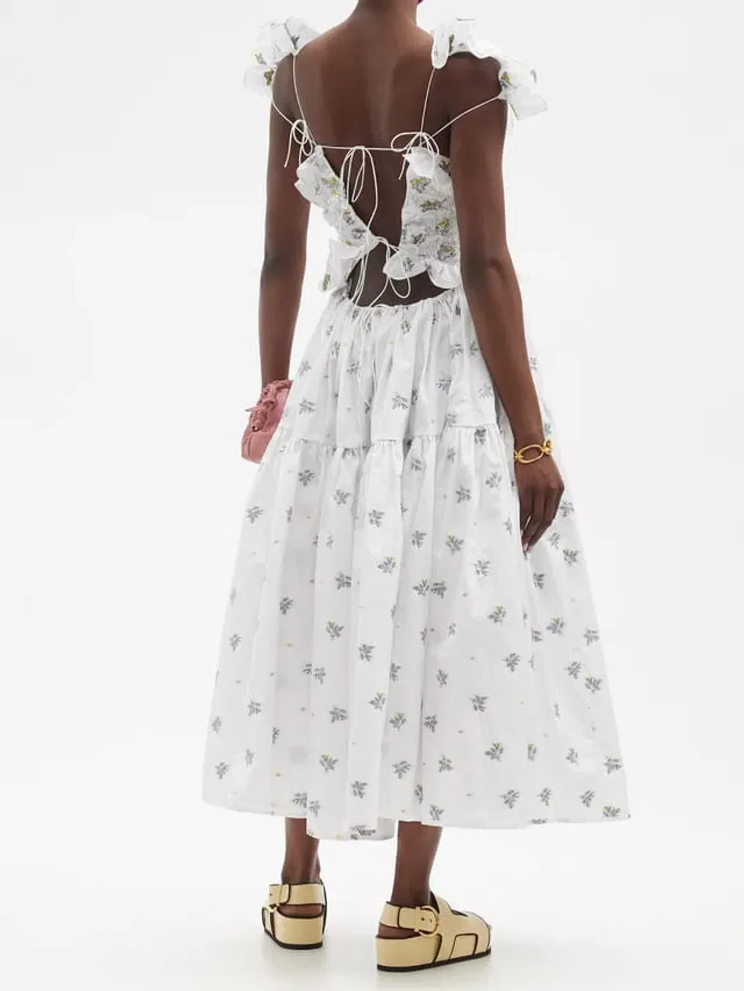 Cecilie Bahnsen Livia Embroidered Tie Back Dress in White Size 8 for rent on The Volte - main image