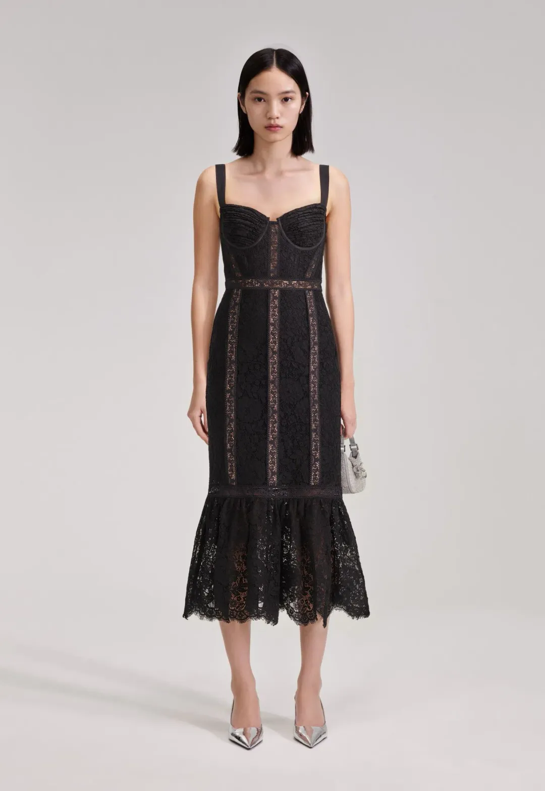 Self Portrait Black Cord Lace Insert Midi Dress Size 10 for rent on The Volte - main image