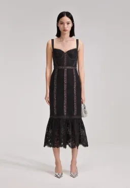 Self Portrait Black Cord Lace Insert Midi Dress Size 10 for rent on The Volte - image 1