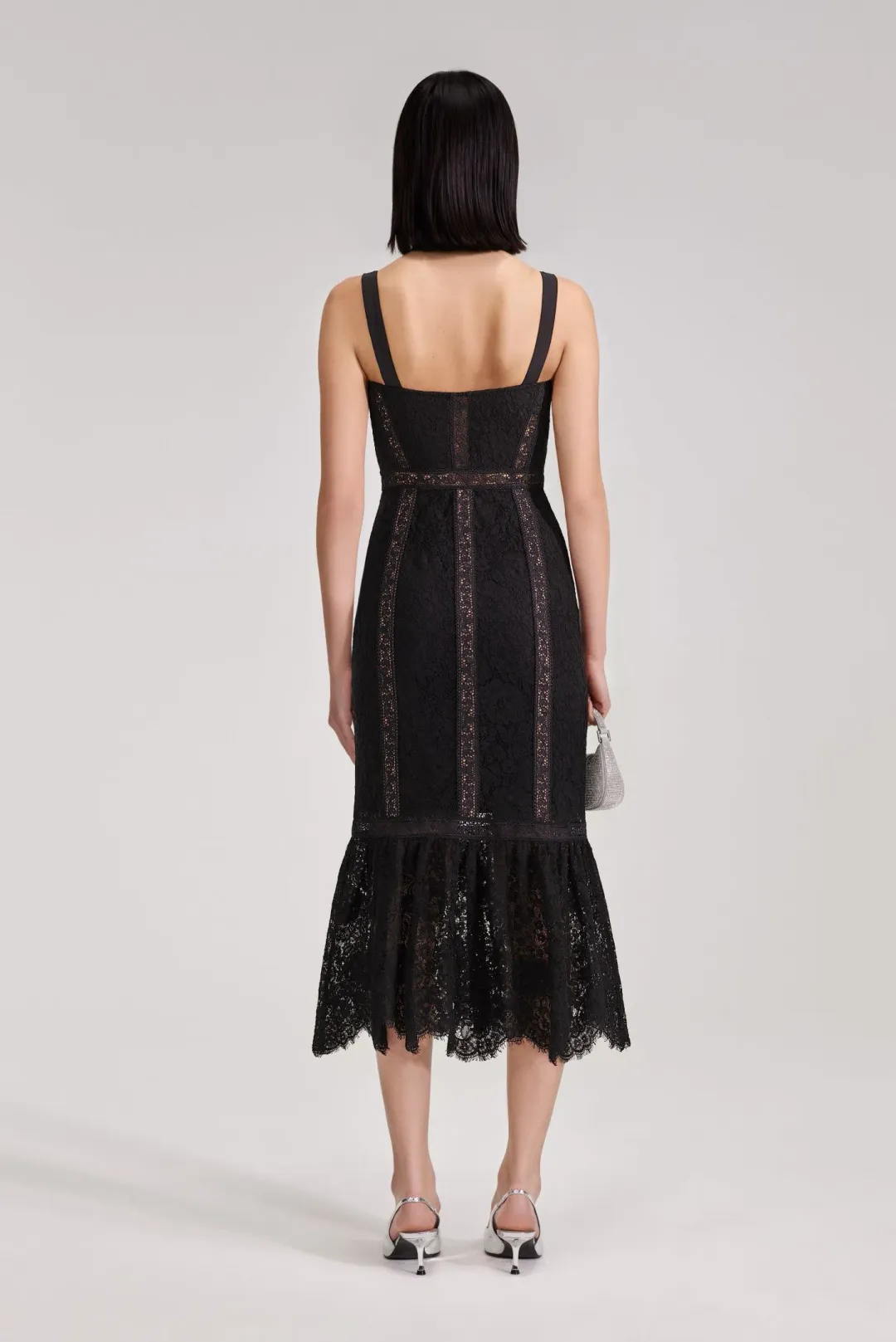 Self Portrait Black Cord Lace Insert Midi Dress Size 10 for rent on The Volte - main image