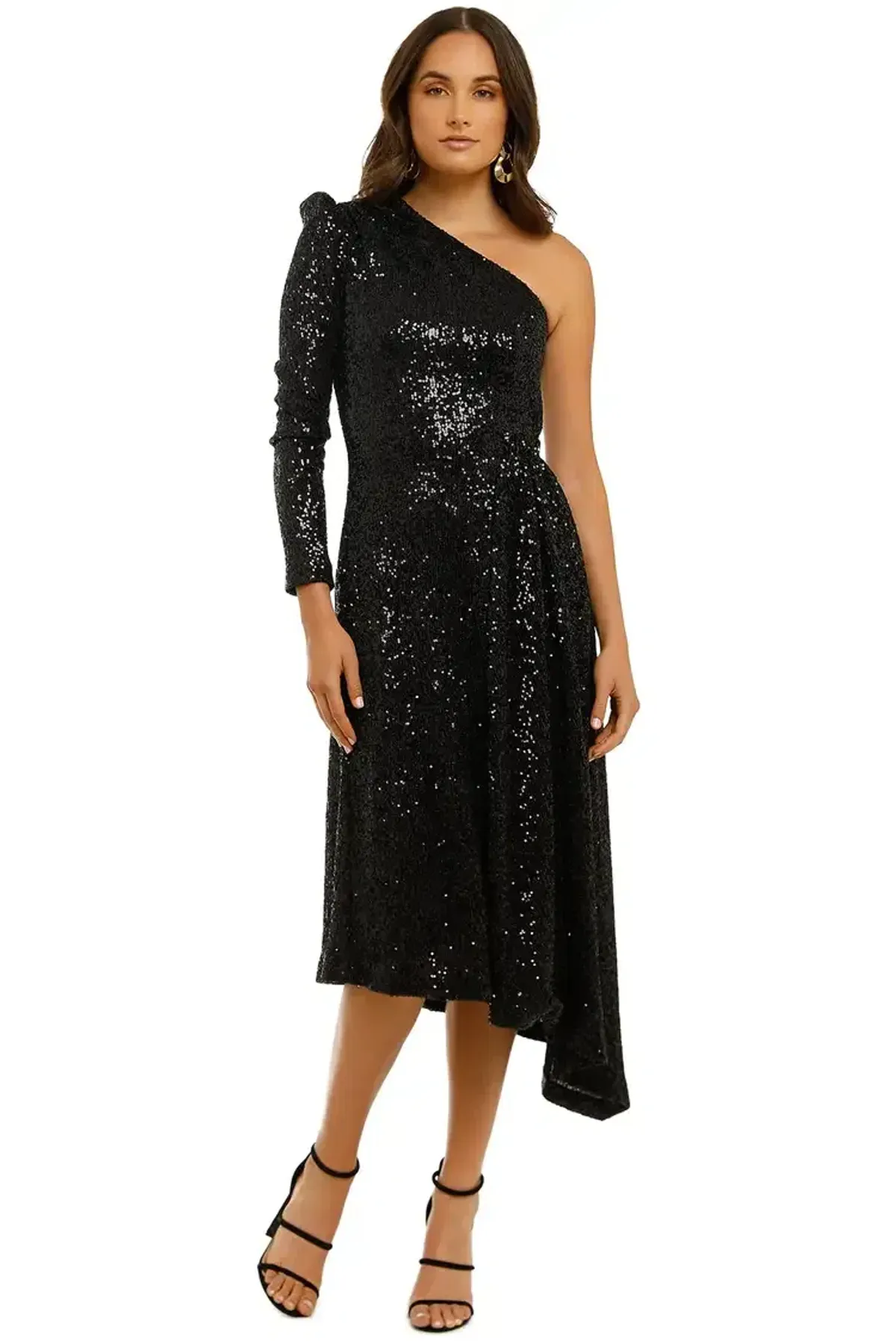 Rebecca Vallance Mona 1 Sleeve Midi Dress Black Size 6 for rent on The Volte - main image